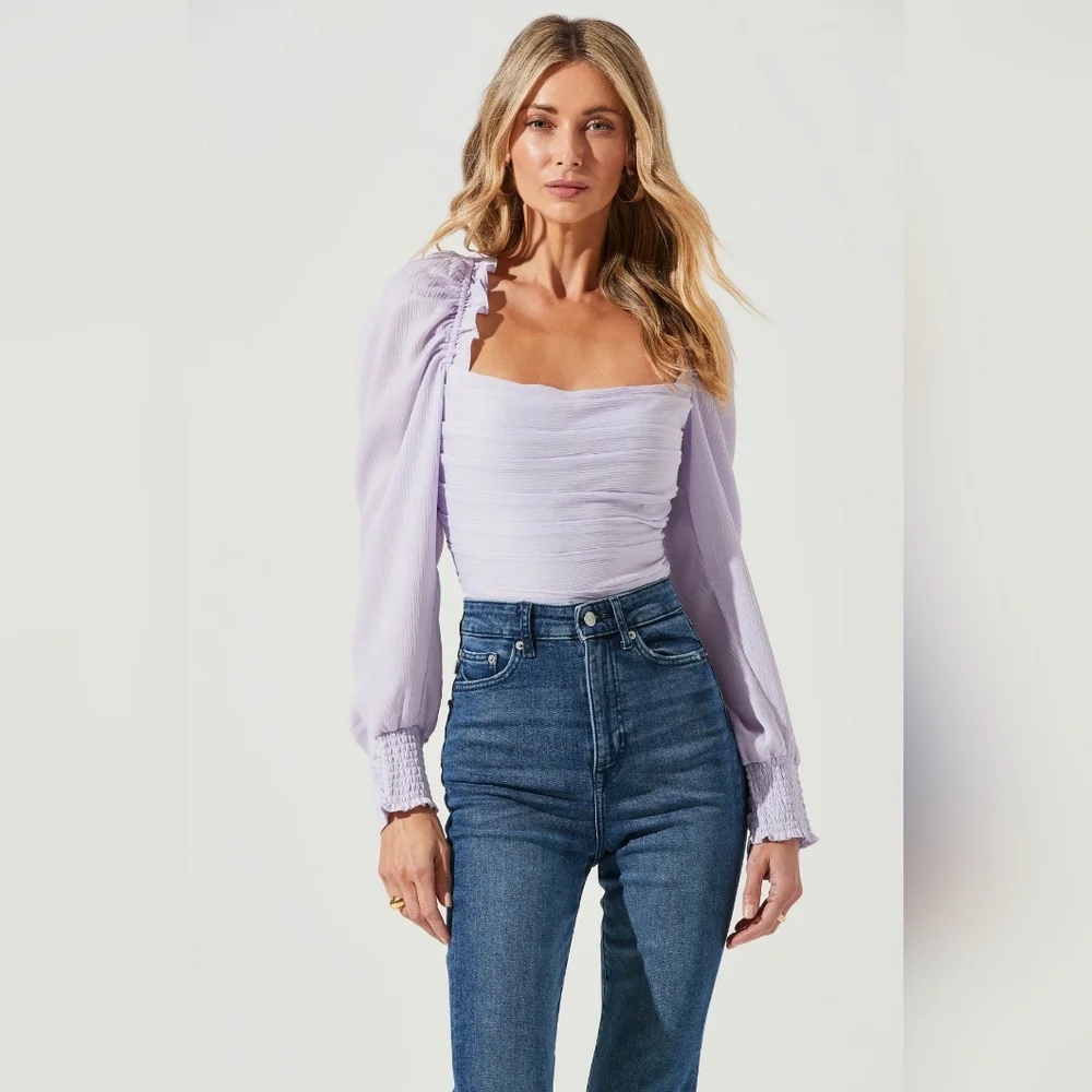 ASTR The Label Puff Sleeve Square Neck Top Pale Purple Size Large